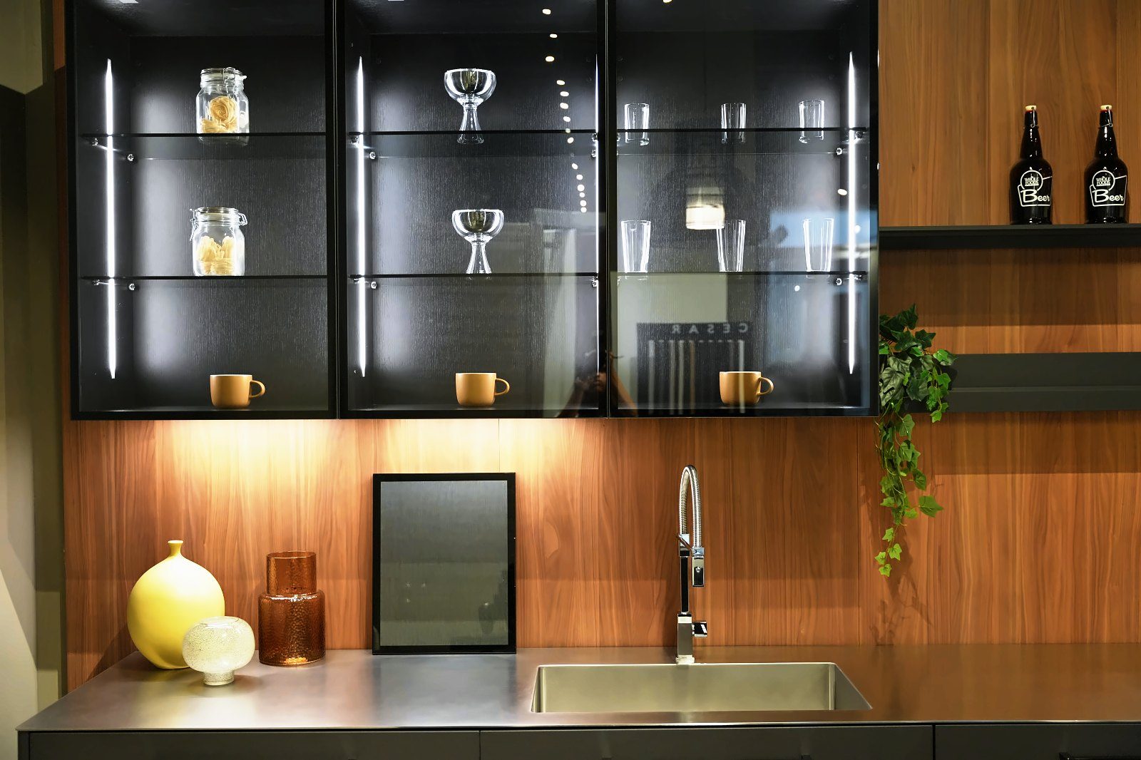 Cesar Miami kitchen with lit glass cabinets